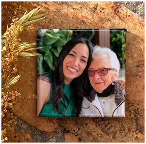 A Mini Press Keepsake magnet of a black-and-white grandmother portrait, ready to gift